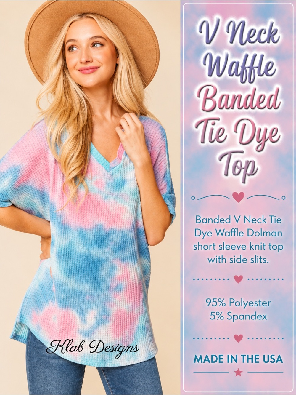 V NECK WAFFLE BANDED TIE DYE TOP NEW